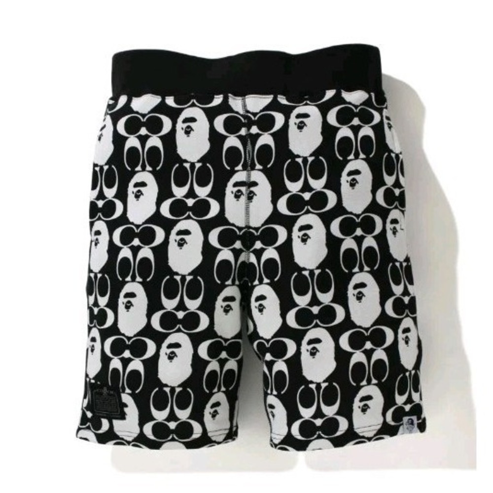 Bape x Coach Sweat Shorts L Mens Bathing Ape Black White Sweatpant Pockets EUC